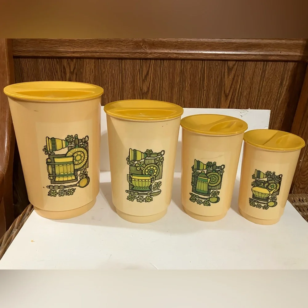 Vintage Set of 4 Nesting Kitchen Canisters Harvest Gold Plastic with Yellow Lids